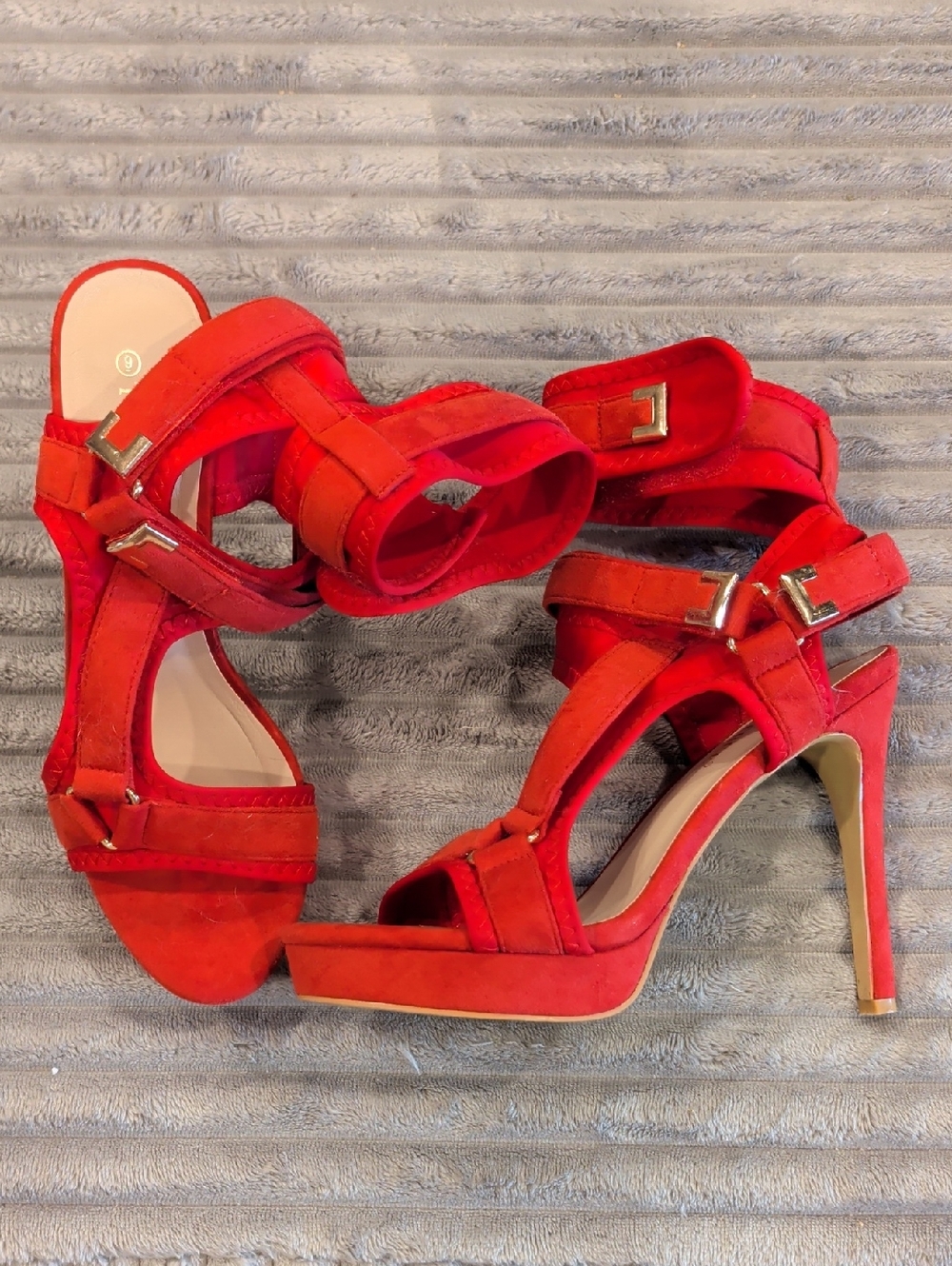 Red Suede Strappy Platform Stiletto Heels with Buckle Detail